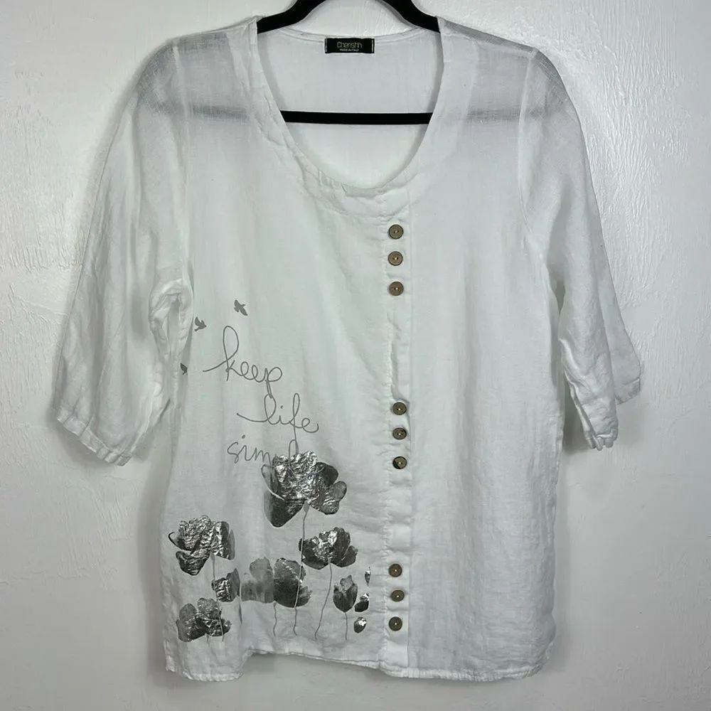 Cherishh Linen Floral Decorative Buttons Top Blouse In White Size M